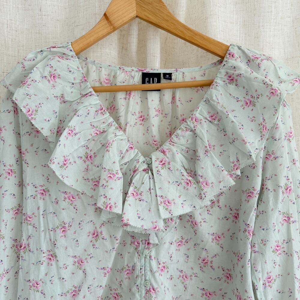 Gap Blouse Women Medium Blue Floral Cotton Ruffle Coquette Romantic Cottagecore - Picture 2 of 11